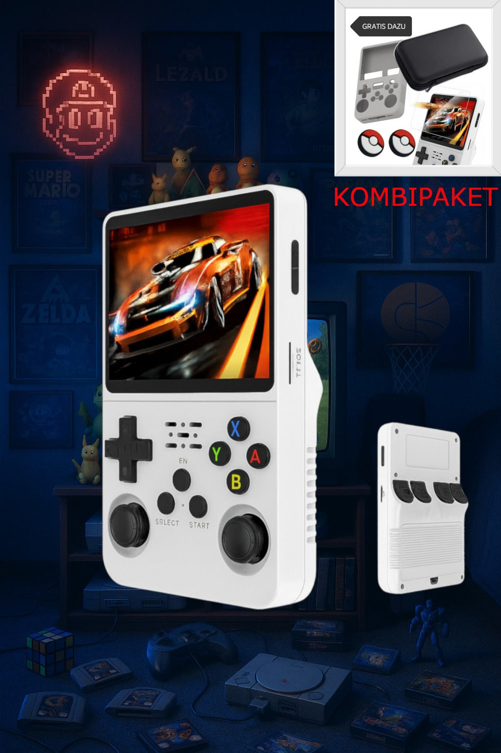 R36S Retro Handheld, Gaming Konsole, Linux EE-System, 64GB, +20000 Spiele, 3,5 Zoll Bildschirm, 3500mAh, KOMBIPAKET aus 9H Panzerglas, Gummi Hülle, Schutztasche und Thumbstick Aufsätze