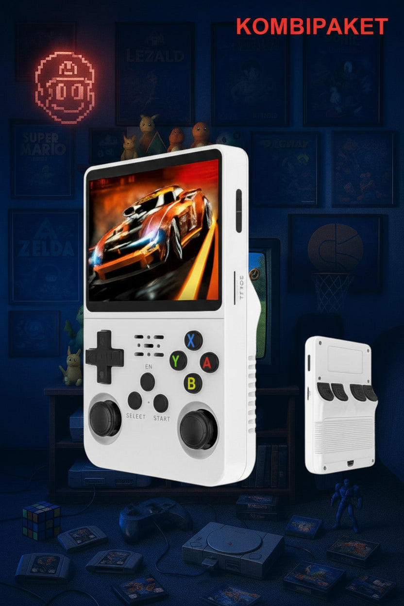 R36S Retro Handheld, Gaming Konsole, Linux EE-System, 64GB, +20000 Spiele, 3,5 Zoll Bildschirm, 3500mAh, KOMBIPAKET aus 9H Panzerglas, Gummi Hülle, Schutztasche und Thumbstick Aufsätze
