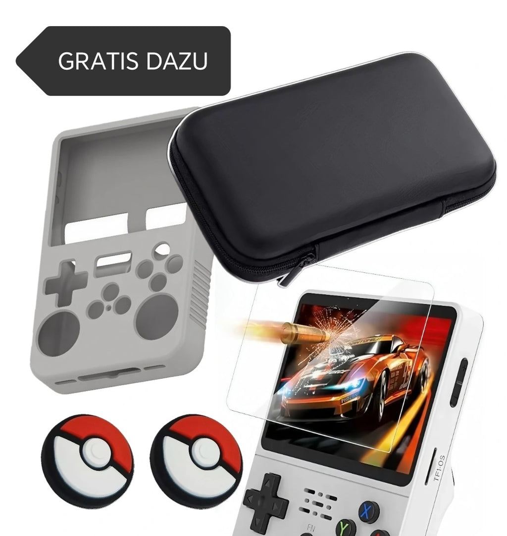 R36S Retro Handheld, Gaming Konsole, Linux EE-System, 64GB, +20000 Spiele, 3,5 Zoll Bildschirm, 3500mAh, KOMBIPAKET aus 9H Panzerglas, Gummi Hülle, Schutztasche und Thumbstick Aufsätze