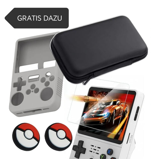 R36S Retro Handheld, Gaming Konsole, Linux EE-System, 64GB, +20000 Spiele, 3,5 Zoll Bildschirm, 3500mAh, KOMBIPAKET aus 9H Panzerglas, Gummi Hülle, Schutztasche und Thumbstick Aufsätze