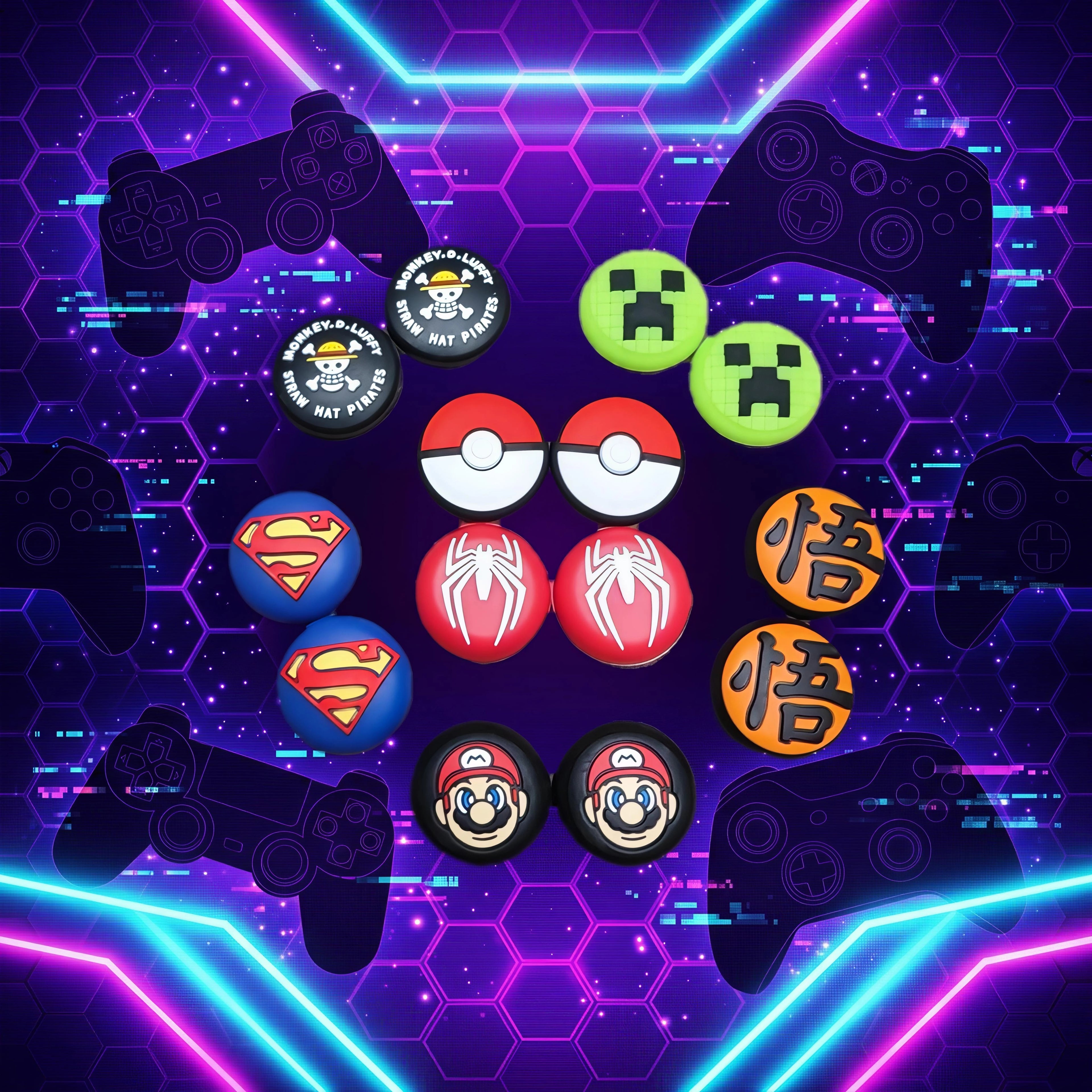 Thumbstick Kappen 14 Stück, Gaming Design, Superhelden & Anime, Superman, Mario, Pokémon, Spiderman, Minecraft, One Piece, Dragon Ball, für PS4, PS5, Xbox, Nintendo Switch, Controller Zubehör, Joystick Caps, Gamer Geschenk