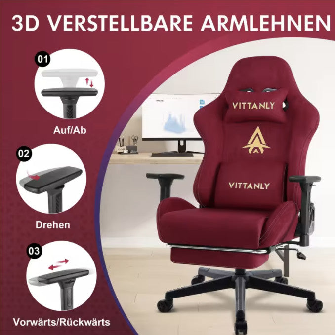 Vittanly Luxus Gaming- und Bürostuhl, echtes Leder, ergonomisch, verstellbar, mit ausklappbarer Fußstütze