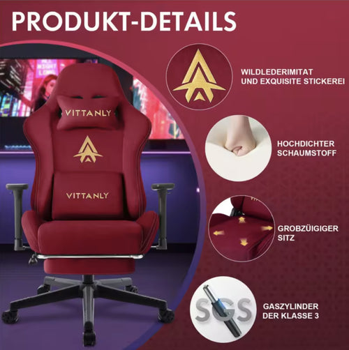 Vittanly Luxus Gaming- und Bürostuhl, echtes Leder, ergonomisch, verstellbar, mit ausklappbarer Fußstütze
