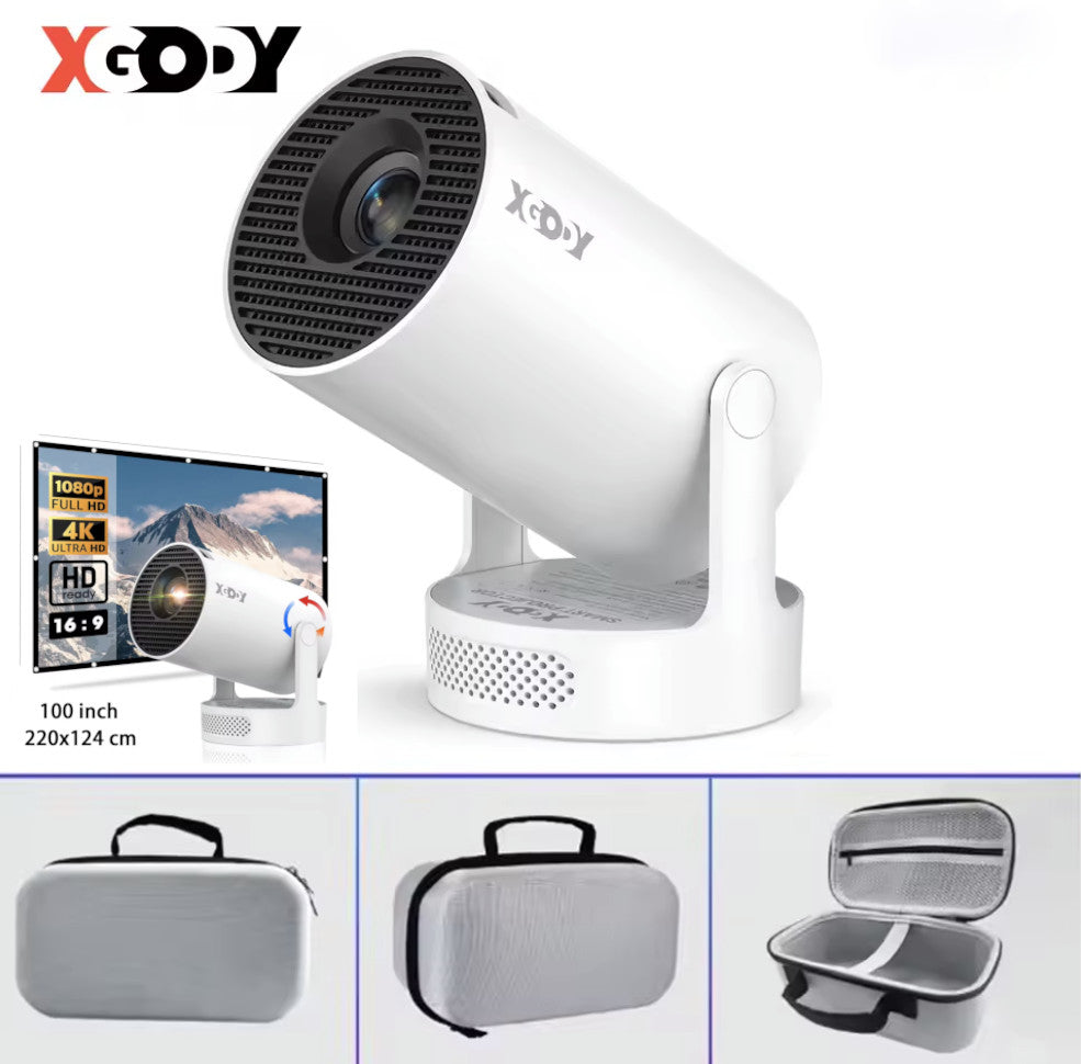 XGODY HY300 Pro+ 4K Mini-Beamer, 1280×720P, Android 11, 12000 Lumen, integrierter 5 W-Lautsprecher, WiFi 6 & Bluetooth 5.4, tragbarer Beamer mit Leinwand & Tasche für Innen & Außen