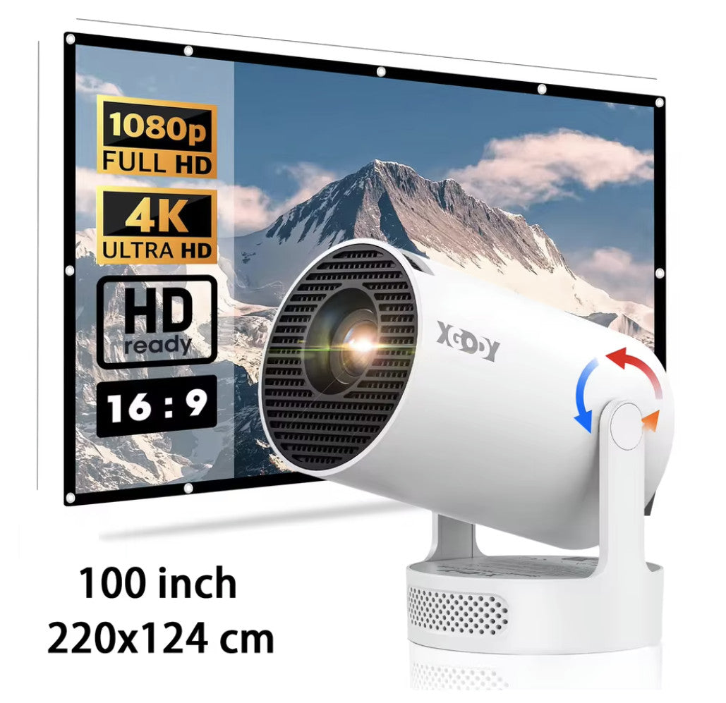 XGODY HY300 Pro+ 4K Mini-Beamer, 1280×720P, Android 11, 12000 Lumen, integrierter 5 W-Lautsprecher, WiFi 6 & Bluetooth 5.4, tragbarer Beamer mit Leinwand & Tasche für Innen & Außen