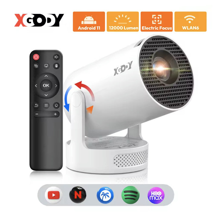 XGODY HY300 Pro+ 4K Mini-Beamer, 1280×720P, Android 11, 12000 Lumen, integrierter 5 W-Lautsprecher, WiFi 6 & Bluetooth 5.4, tragbarer Beamer mit Leinwand & Tasche für Innen & Außen