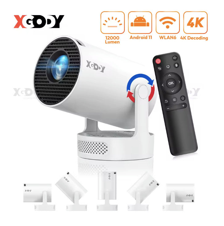 XGODY HY300 Pro+ 4K Mini-Beamer, 1280×720P, Android 11, 12000 Lumen, integrierter 5 W-Lautsprecher, WiFi 6 & Bluetooth 5.4, tragbarer Beamer mit Leinwand & Tasche für Innen & Außen
