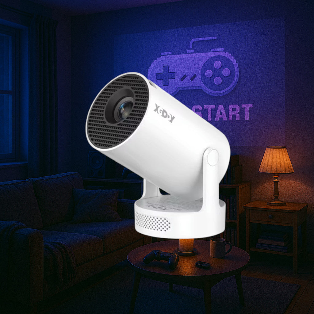 XGODY HY300 Pro+ 4K Mini-Beamer, 1280×720P, Android 11, 12000 Lumen, integrierter 5 W-Lautsprecher, WiFi 6 & Bluetooth 5.4, tragbarer Beamer mit Leinwand & Tasche für Innen & Außen